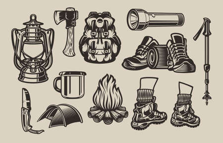 Set of vector illustrations on the camping (hiking) theme on a light background.のイラスト素材