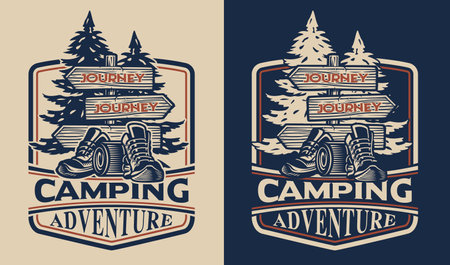 Vector emblem in vintage style on the theme of hiking.のイラスト素材