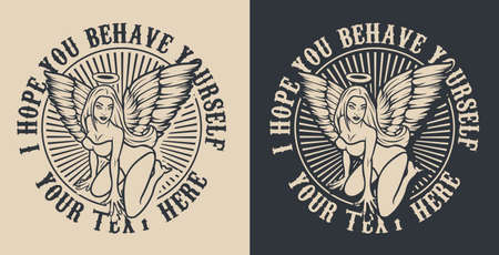 Monochrome vector illustration of an angel girl with wings for black and white background. Text is in a separate group.のイラスト素材