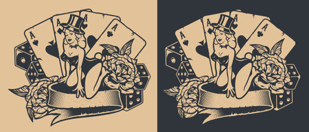 Black-white illustration with pin-up girl with dice and playing cards in vintage style.のイラスト素材