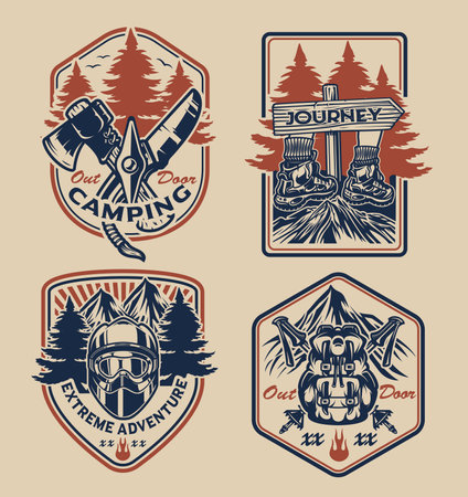 Set of vintage badges for the hiking theme on the white background. Perfect for posters, apparel, T-shirt design, and many other uses.のイラスト素材