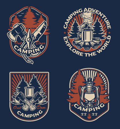 Set of vintage badges for the hiking theme on the black background. Perfect for posters, apparel, T-shirt design, and many other uses.のイラスト素材