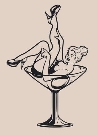 Vintage illustration of a girl in a wineglass on white backgroundのイラスト素材