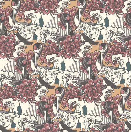 Seamless pattern with a crane on the Japanese theme. All colors are in a separate group. Ideal for printing onto fabric and decorationのイラスト素材