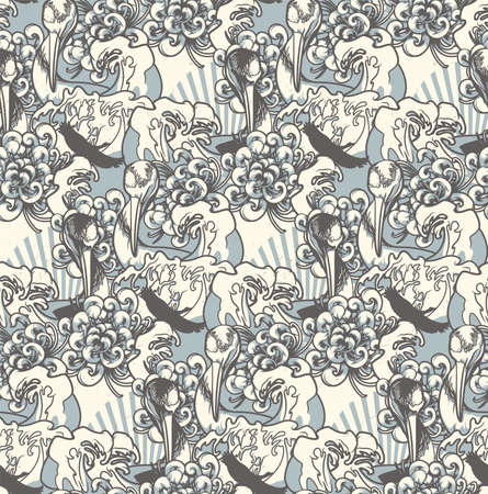 Monochrome seamless background with a crane on the Japanese theme. Vector. Ideal for printing onto fabric and decorationのイラスト素材