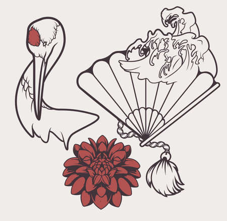 Set elements vector illustration with crane, fan, peonyのイラスト素材