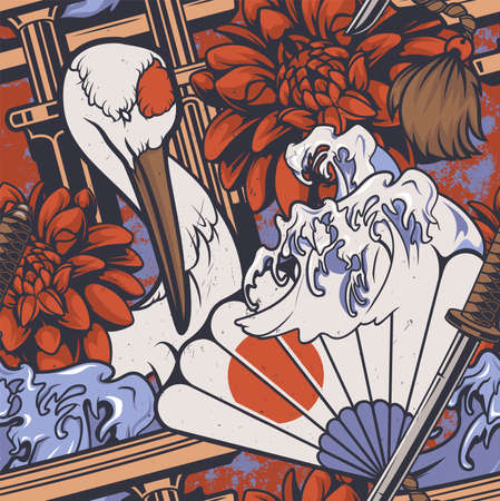 Vector seamless background with design elements on the Japanese theme.のイラスト素材