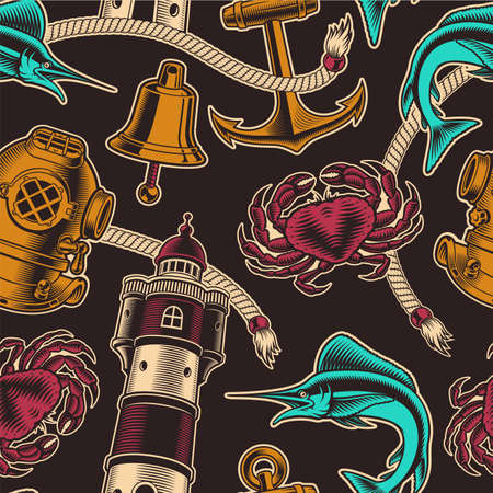 Vintage marine background with a diving helmet, lighthouse, and other elementsのイラスト素材