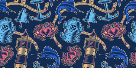 Vintage color marine background with a diving helmetのイラスト素材