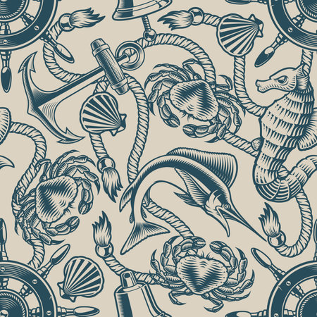 Monochrome vector marine background with anchor, rope, marline, crab, and other elementsのイラスト素材