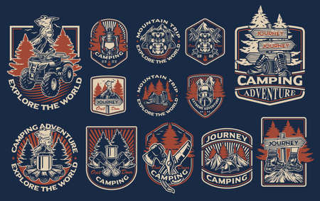 Set of vintage illustration for the camping theme for black background. Perfect for posters, apparel, T-shirt design, and many other uses. Text in a separate groupのイラスト素材