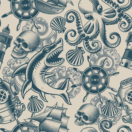 black and white vector nautical backgroundのイラスト素材