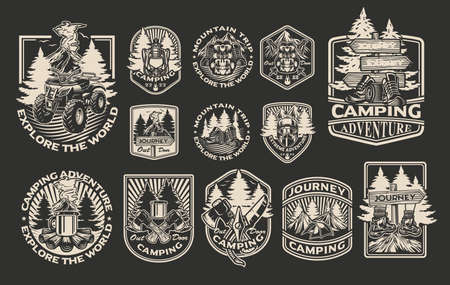 Set monochrome vector badges on the camping theme for dark background. Perfect for posters, apparel, T-shirt design, and many other uses.のイラスト素材