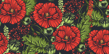 Vintage seamless background with flowers. red poppy. Ideally for fabric print, postcard and other uses.のイラスト素材