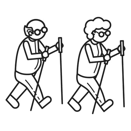 Old person at scandinav walk concept background. Outline old person at scandinav walk vector concept background for web design isolated on white backgroundのイラスト素材