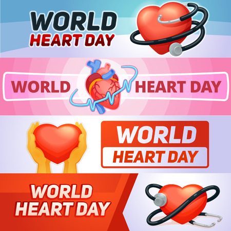 World heart day banner set. Cartoon illustration of world heart day vector banner set for web designのイラスト素材