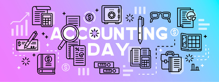 Accounting day tool banner. Outline illustration of accounting day tool vector banner for web designのイラスト素材