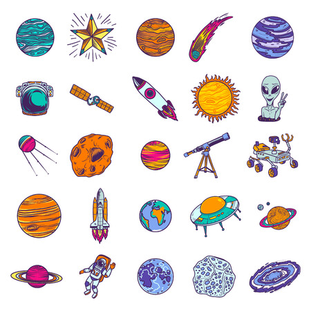 Space planets icon set. Hand drawn set of space planets vector icons for web designのイラスト素材