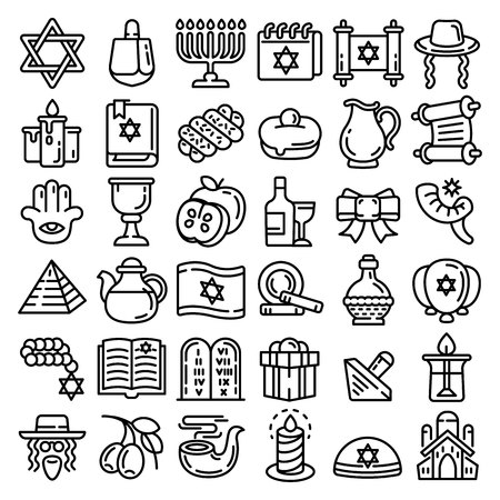 Hanukkah icon set. Outline set of hanukkah vector icons for web design isolated on white backgroundのイラスト素材
