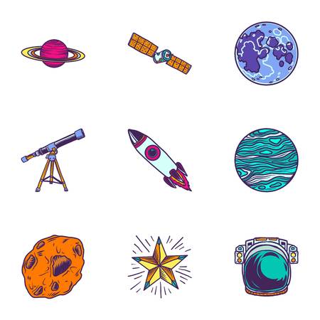 Space travel icon set. Hand drawn set of 9 space travel vector icons for web design isolated on white backgroundのイラスト素材