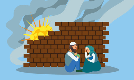 Woman man hide after explosion concept banner. Flat illustration of woman man hide after explosion vector concept banner for web designのイラスト素材