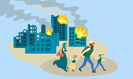 Family run away destroyed city concept banner. Flat illustration of family run away destroyed city vector concept banner for web designのイラスト素材