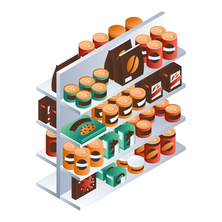 Supermarket food shelf icon. Isometric of supermarket food shelf vector icon for web design isolated on white backgroundのイラスト素材