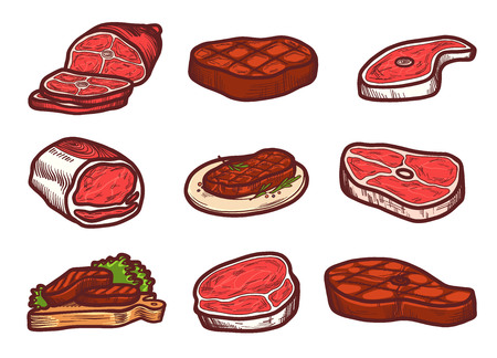 Steak icon set. Hand drawn set of steak vector icons for web designのイラスト素材
