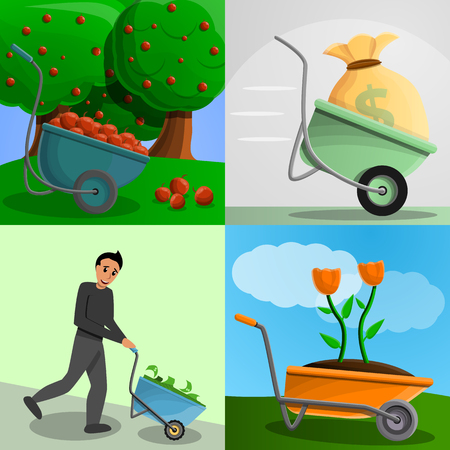 Garden wheelbarrow banner set. Cartoon illustration of garden wheelbarrow vector banner set for web designのイラスト素材