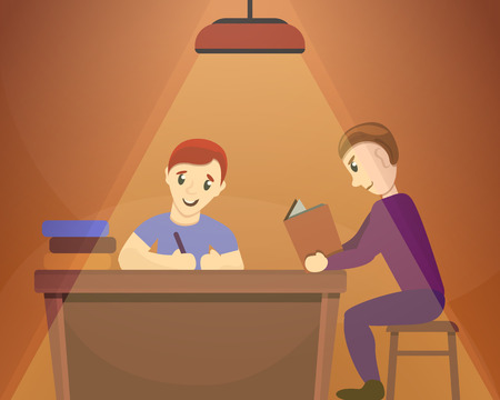 Father son homework concept background. Cartoon illustration of father son homework vector concept background for web designのイラスト素材