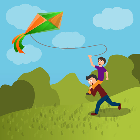 Father son kite concept background. Cartoon illustration of father son kite vector concept background for web designのイラスト素材