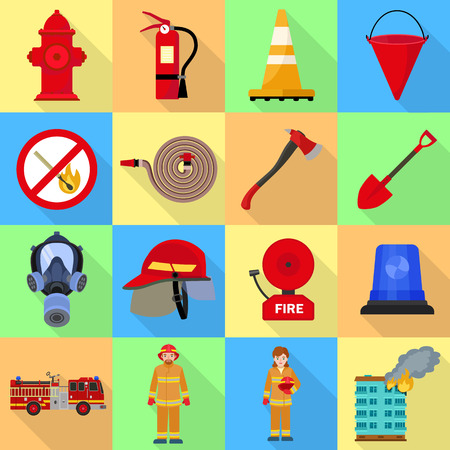 Fire fighter icon set. Flat set of fire fighter vector icons for web designのイラスト素材