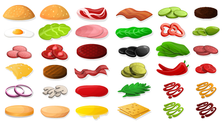 Burger element food icon set. Cartoon set of burger element food vector icons for web designのイラスト素材