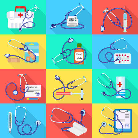 Phonendoscope icon set. Flat set of phonendoscope vector icons for web designのイラスト素材