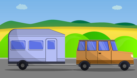 Camp car trailer concept banner. Cartoon illustration of camp car trailer vector concept banner for web designのイラスト素材