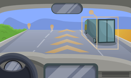 Driverless car highway moving concept background. Cartoon illustration of driverless car highway moving vector concept background for web designのイラスト素材