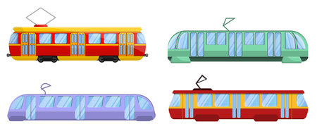 Tram car icons set. Cartoon set of tram car vector icons for web designのイラスト素材