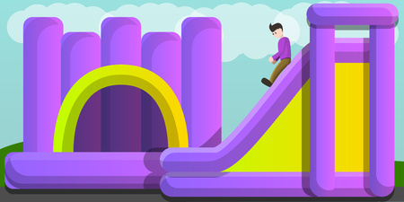 Inflated jumping castle and slide concept banner. Cartoon illustration of inflated jumping castle and slide vector concept banner for web designのイラスト素材