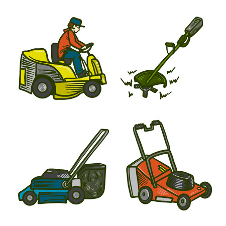 Lawnmower icons set. Hand drawn set of lawnmower vector icons for web designのイラスト素材