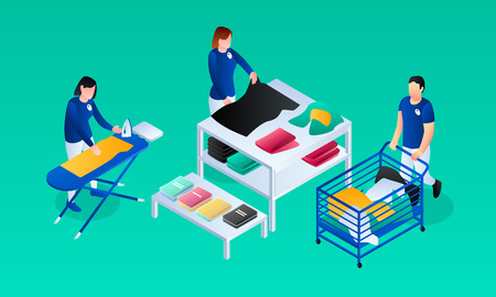 Laundry work service room banner. Isometric illustration of laundry work service room vector banner for web designのイラスト素材