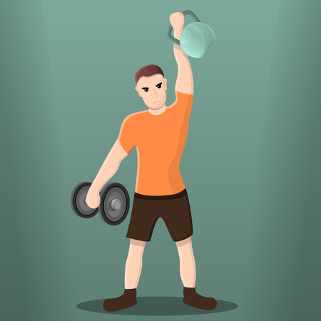 Man hold up dumbbell concept background. Cartoon illustration of man hold up dumbbell vector concept background for web designのイラスト素材