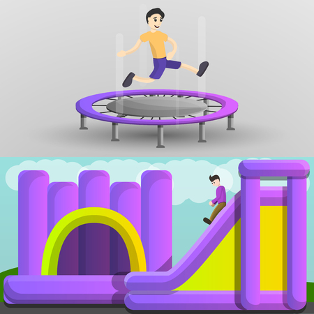 Playground trampoline banner set. Cartoon illustration of playground trampoline vector banner set for web designのイラスト素材