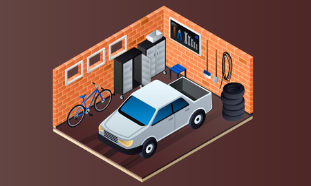 Brick garage interior banner. Isometric illustration of brick garage interior vector banner for web designのイラスト素材