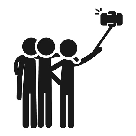 Three friends making selfie icon. Simple illustration of three friends making selfie vector icon for web design isolated on white backgroundのイラスト素材