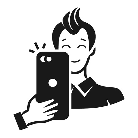The guy takes pictures by phone icon. Simple illustration of the guy takes pictures by phone vector icon for web design isolated on white backgroundのイラスト素材