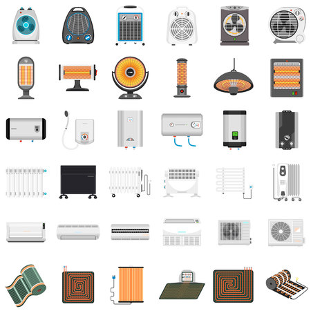 Electric heater icon set. Flat set of electric heater vector icons for web designのイラスト素材