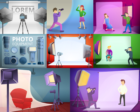 Photographer equipment banner set. Cartoon illustration of photographer equipment vector banner set for web designのイラスト素材