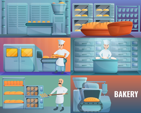 Modern bakery factory banner set. Cartoon illustration of modern bakery factory vector banner set for web designのイラスト素材