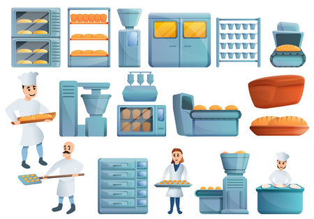 Bakery factory icons set. Cartoon set of bakery factory vector icons for web designのイラスト素材