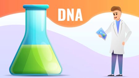 Dna green flask concept banner. Cartoon illustration of dna green flask vector concept banner for web designのイラスト素材